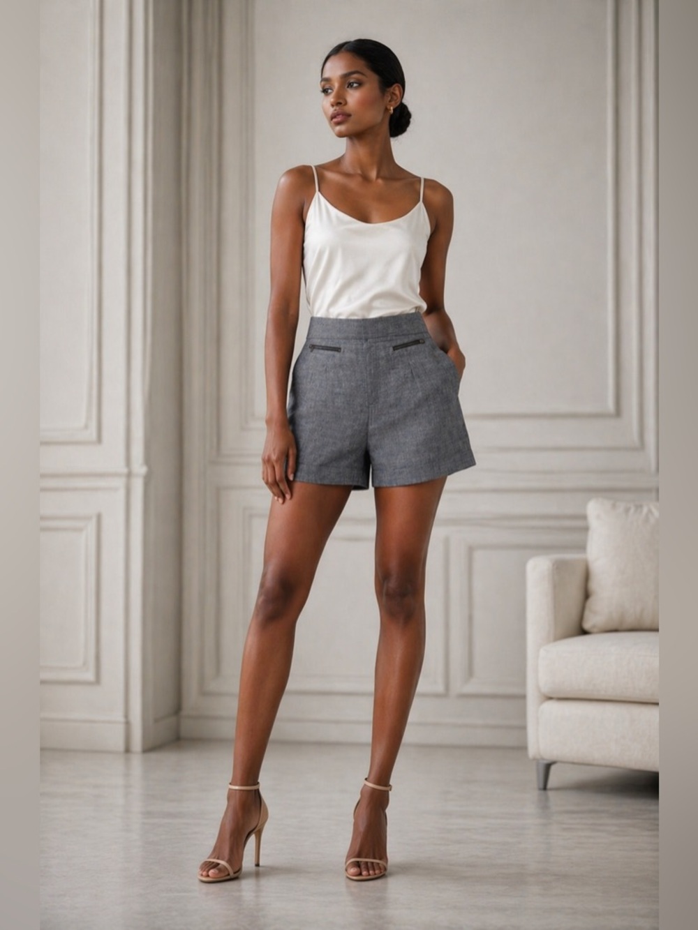 LOFT Ann Taylor Gray Linen Blend Tailored Shorts Zip Pocket High Rise 12 Chic